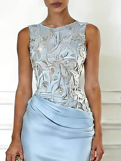 Elegant Green Embroidery Satin Crew Neck Sleeveless Sheath Maxi Dress