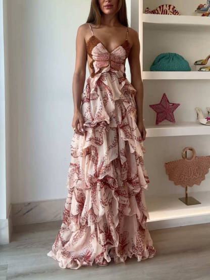 Tiered Sunset Butterfly Print Halter Back Maxi Dress