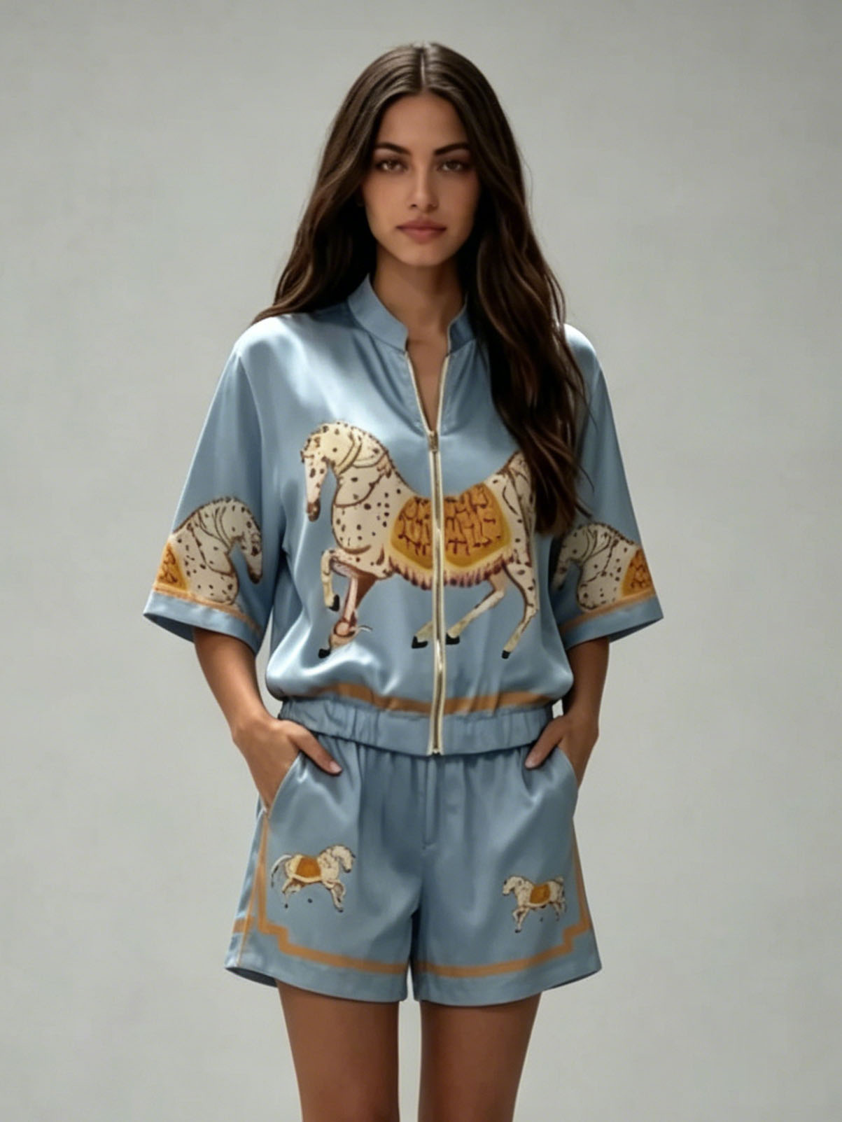 Exquisite Satin Horse Print Zip-Up Shirt & Shorts Set – Likemychoice