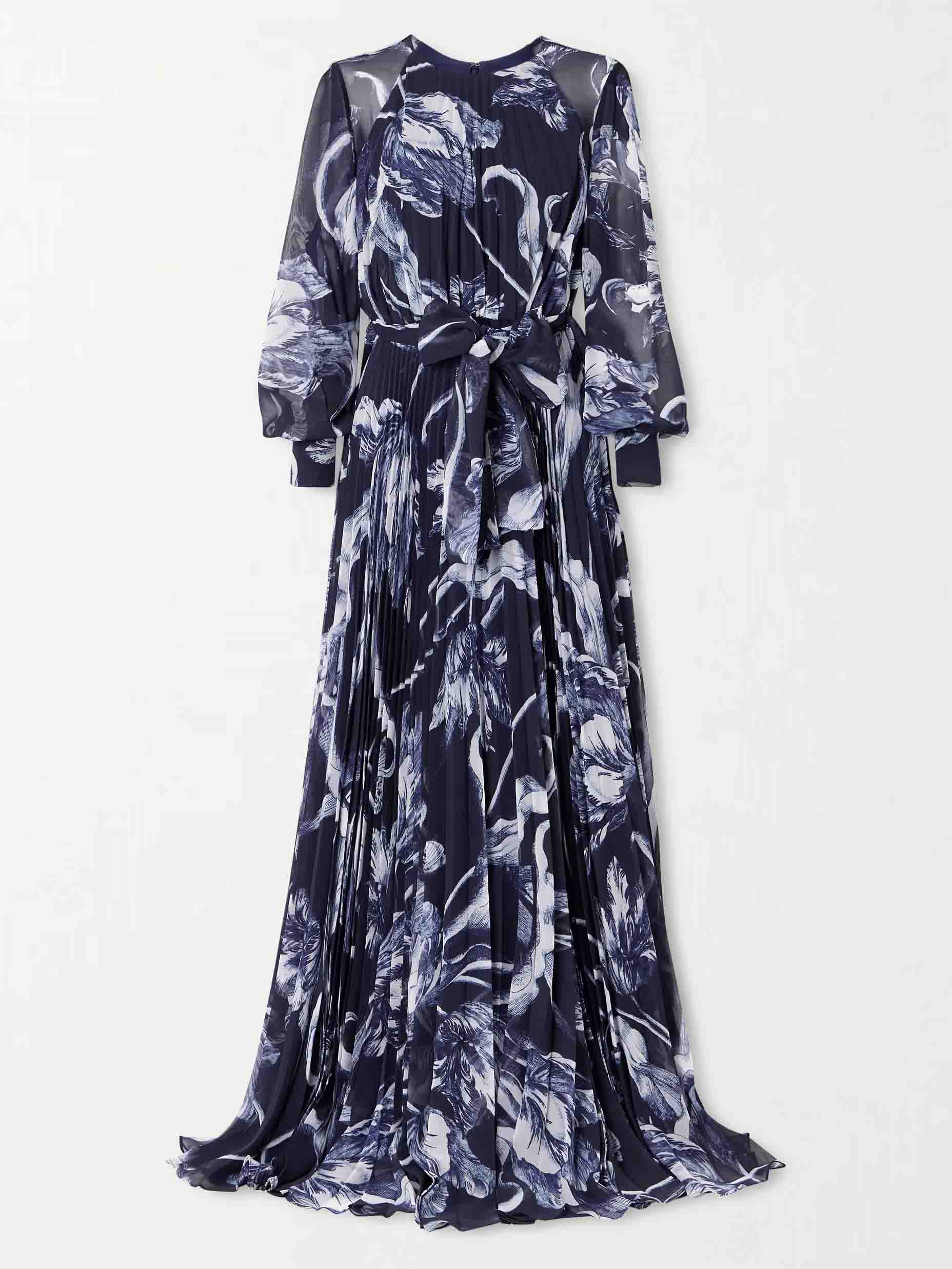 Elegant Botanical Print Tie-waist Pleated Maxi Dress