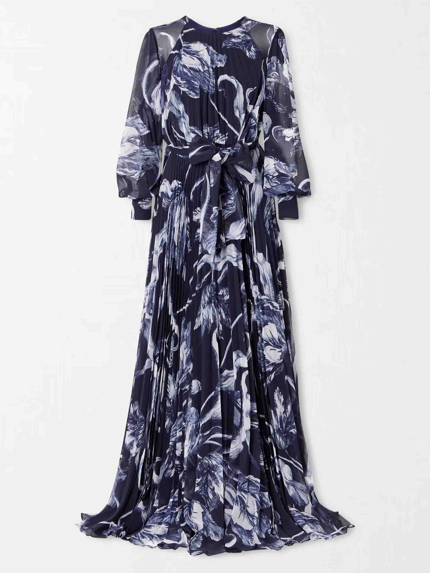 Elegant Botanical Print Tie-waist Pleated Maxi Dress