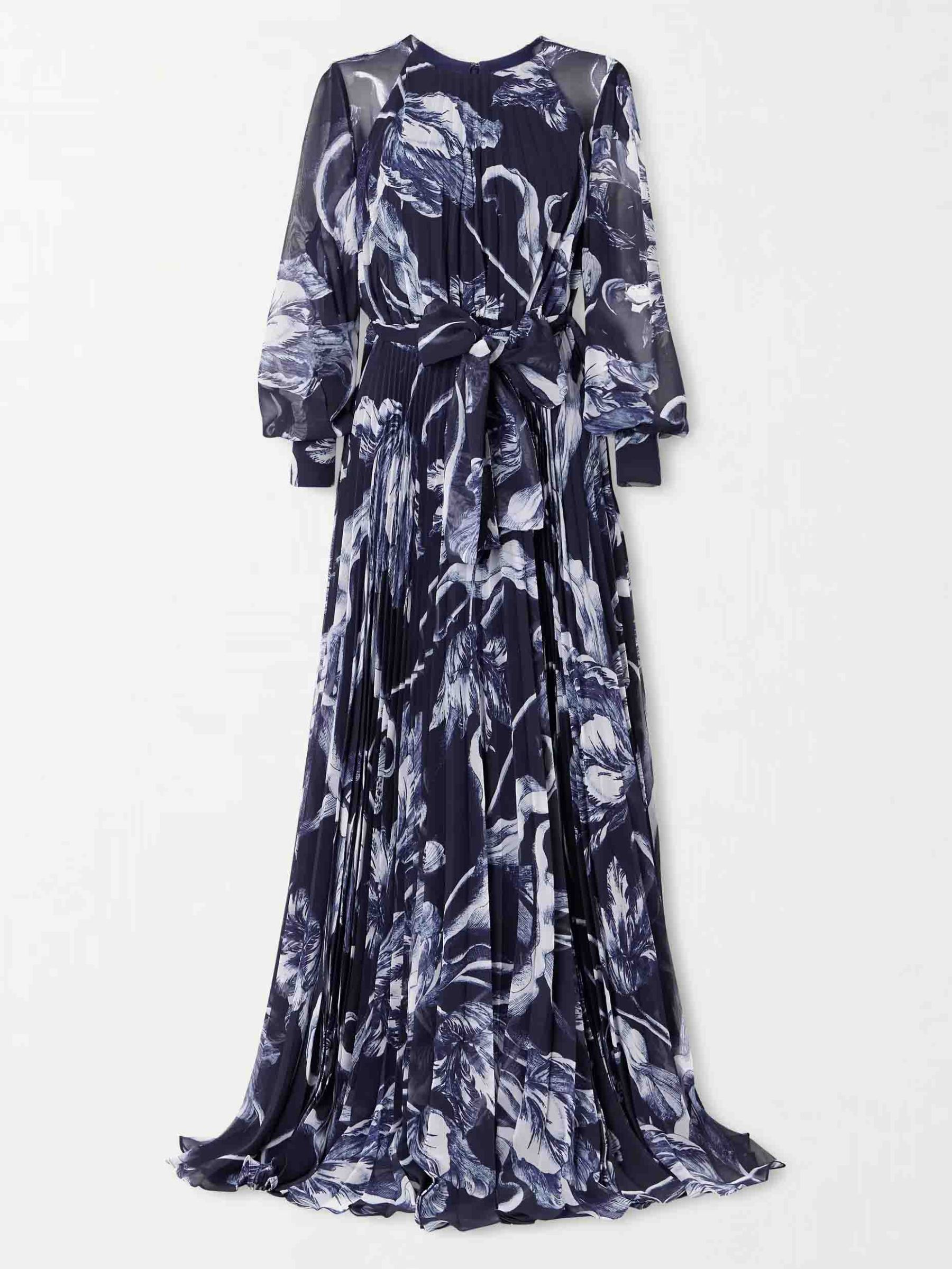 Elegant Botanical Print Tie-waist Pleated Maxi Dress