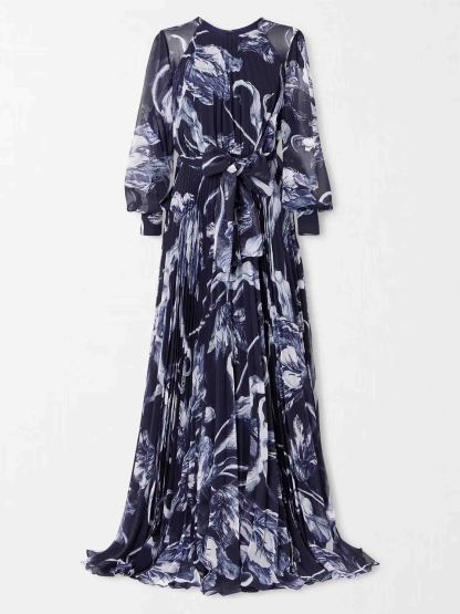 Elegant Botanical Print Tie-waist Pleated Maxi Dress