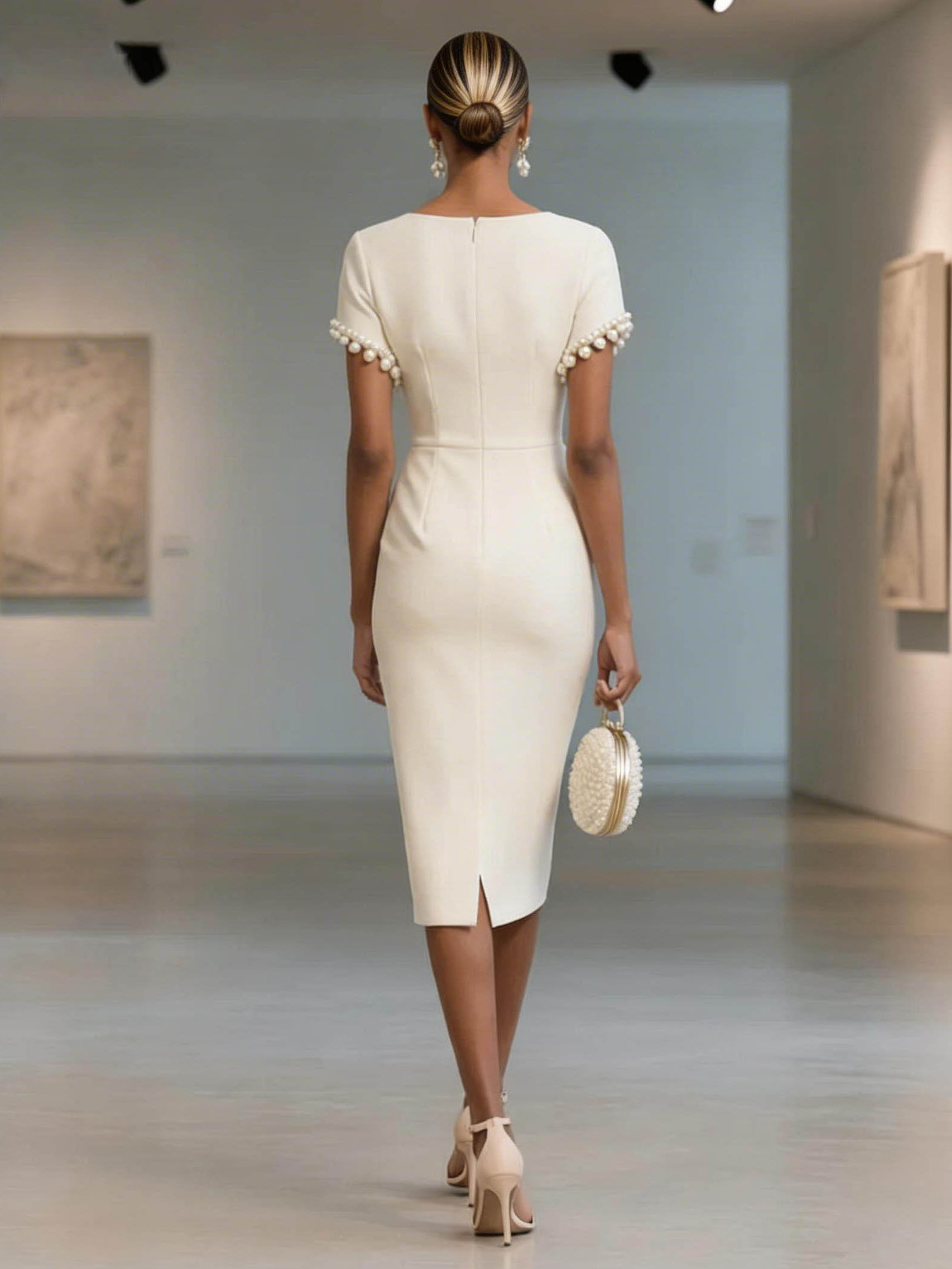 Elegant Pearl-Trim Short Sleeve Midi Dress