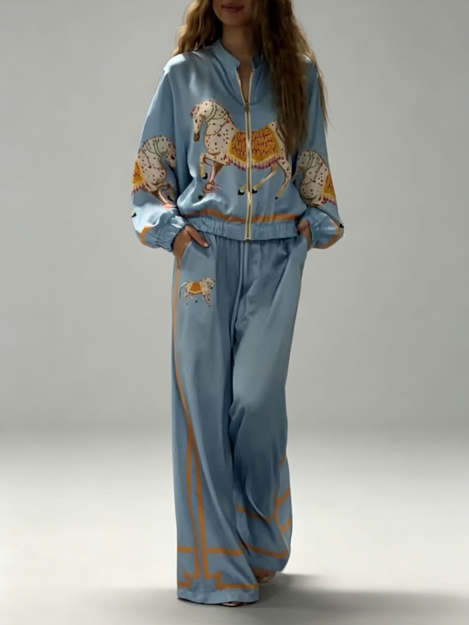 Exquisite Satin Horse Print Zip Jacket & Wide-Leg Pants Two-Piece Set