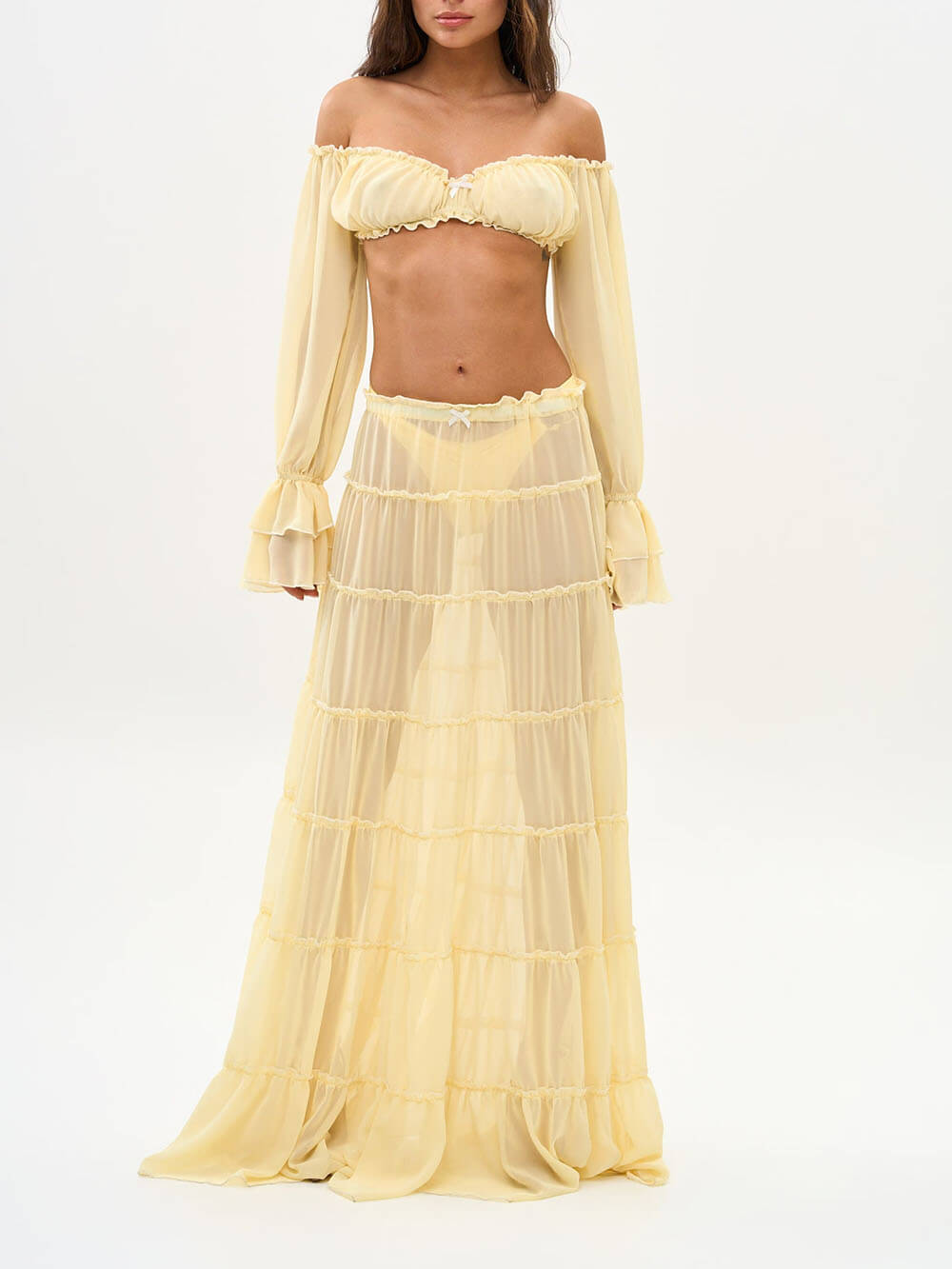 Fashion Off Shoulder Long Bell Sleeve Crop Top and Elastic Waist Layered Cover-up Maxi Skirt Set