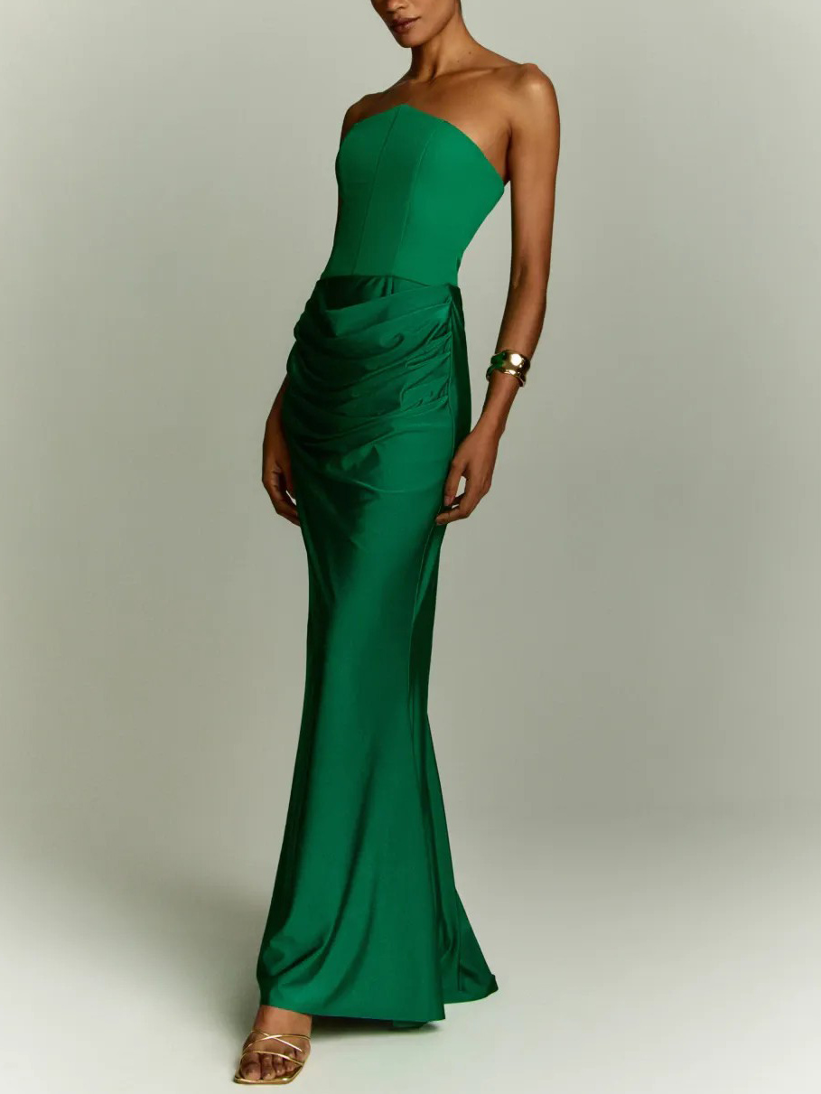 Elegant Strapless Pleated Party Maxi Dress