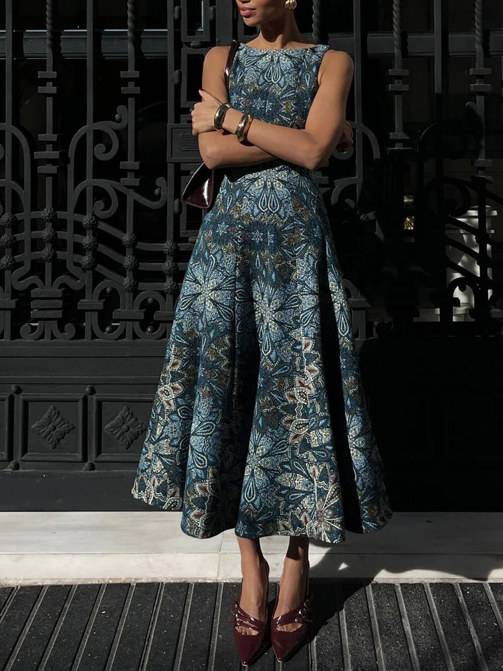 Retro Ethnic Print A-Line Midi Dress