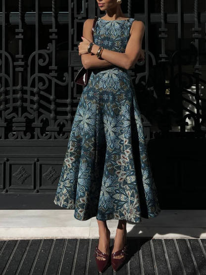 Retro Ethnic Print A-Line Midi Dress