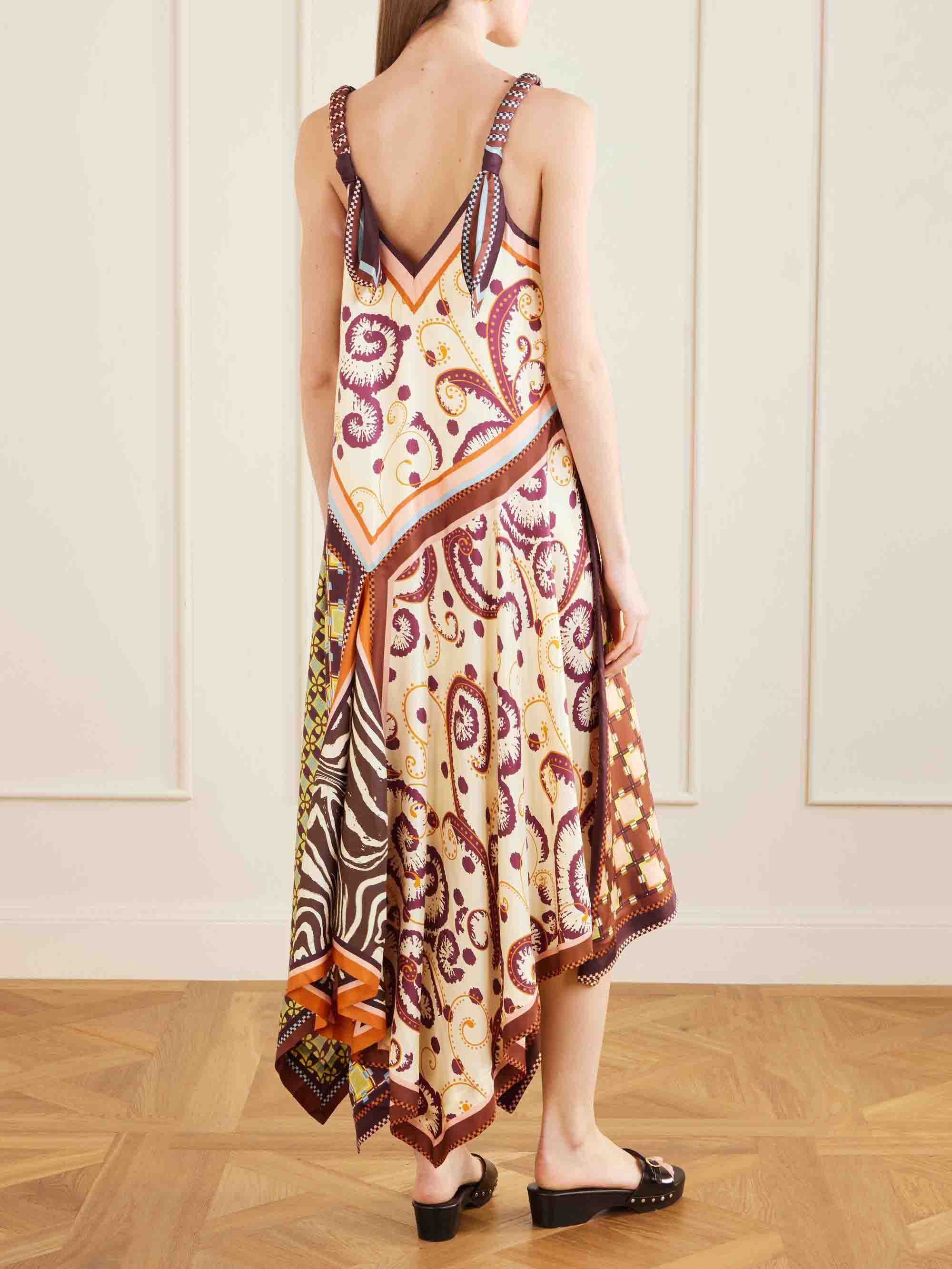 Retro Geometric Patchwork Print V-Neck Asymmetric Maxi Dress