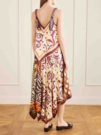 Retro Geometric Patchwork Print V-Neck Asymmetric Maxi Dress