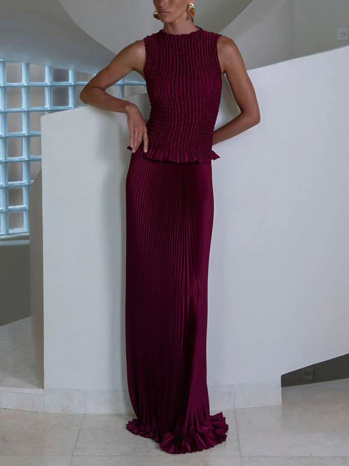 Elegant Sleeveless Pleated Vest Skirt Two-Piece Set