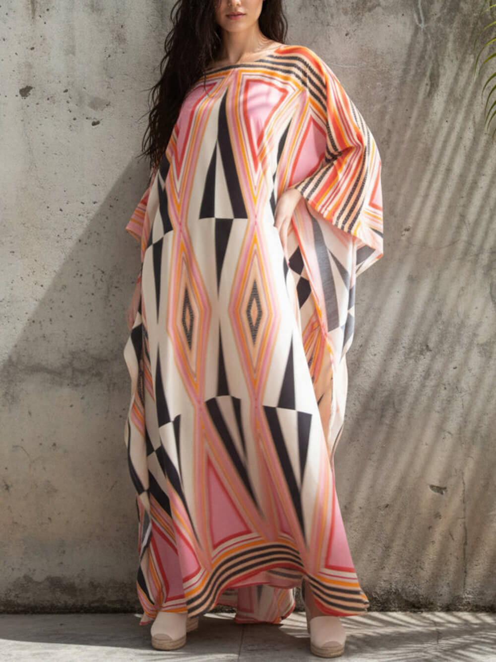 Simple Retro Triangle Print Slit Kimono Maxi Dress