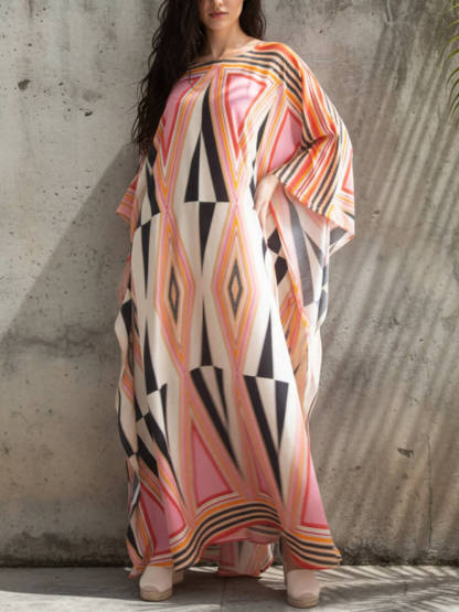 Simple Retro Triangle Print Slit Kimono Maxi Dress