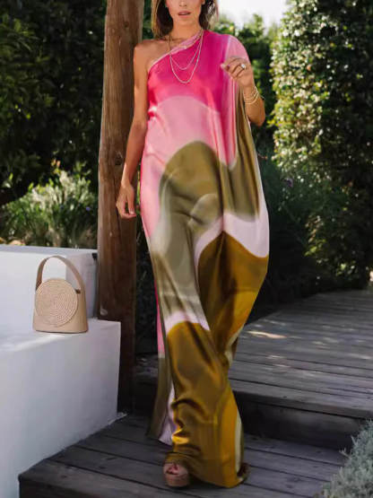 Elegant Satin Tie Dye Print One Shoulder Drape Vacation Maxi Dress