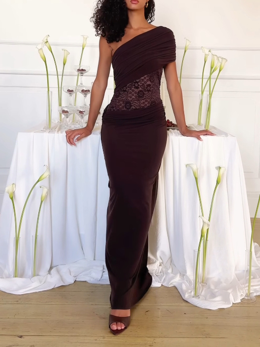 Sexy One-Shoulder Lace Panel Pleated Maxi Dress