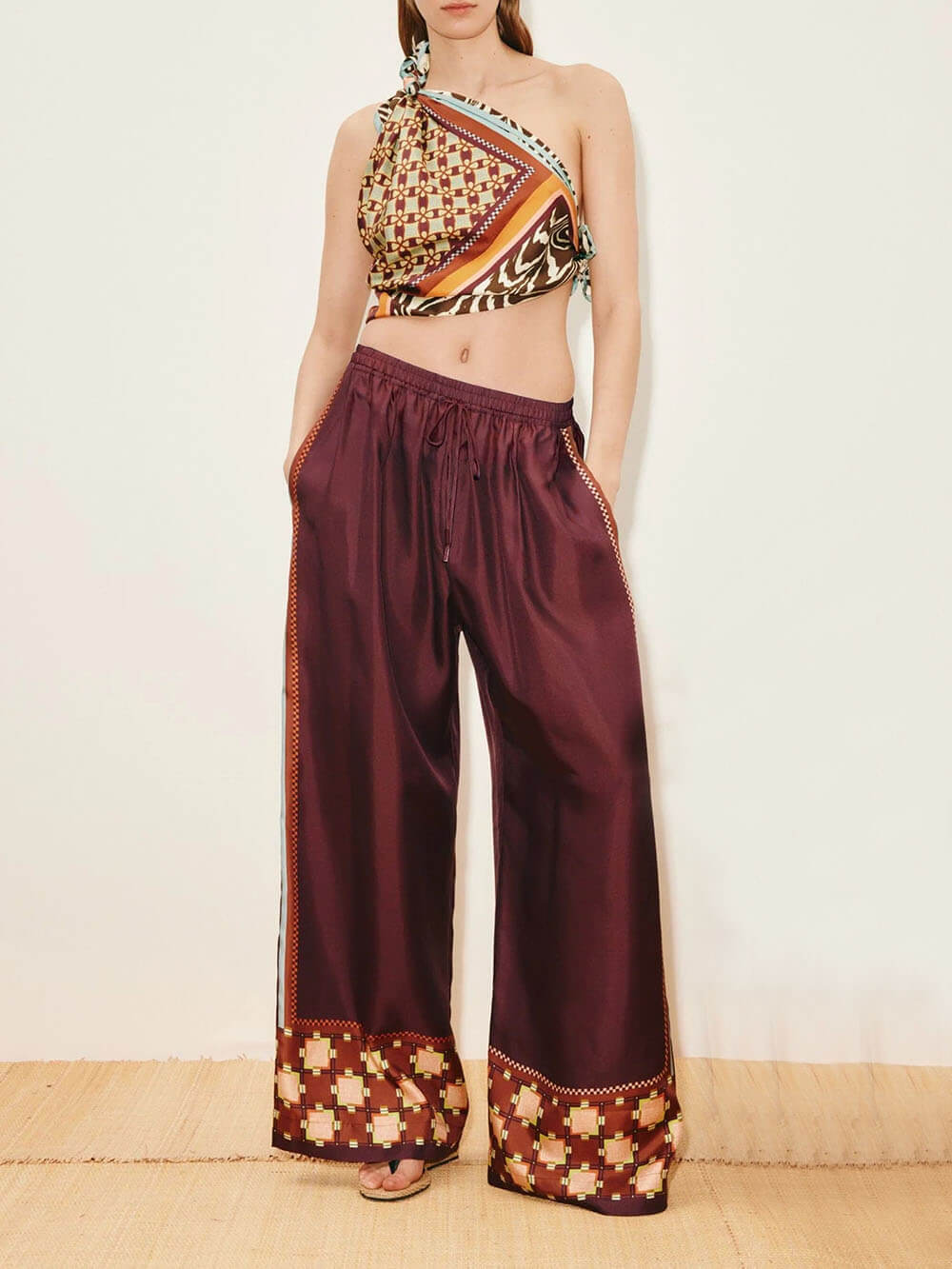 Unique Paisley Color-Block Satin Shirt And Elastic Waist Wide-Leg Pants Set