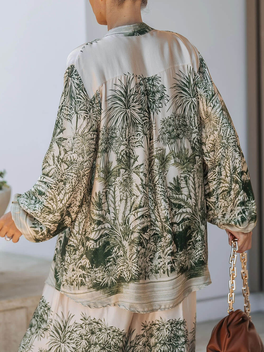 Casual Palm Leaf Print Elastic Waist Wide-Leg Pants