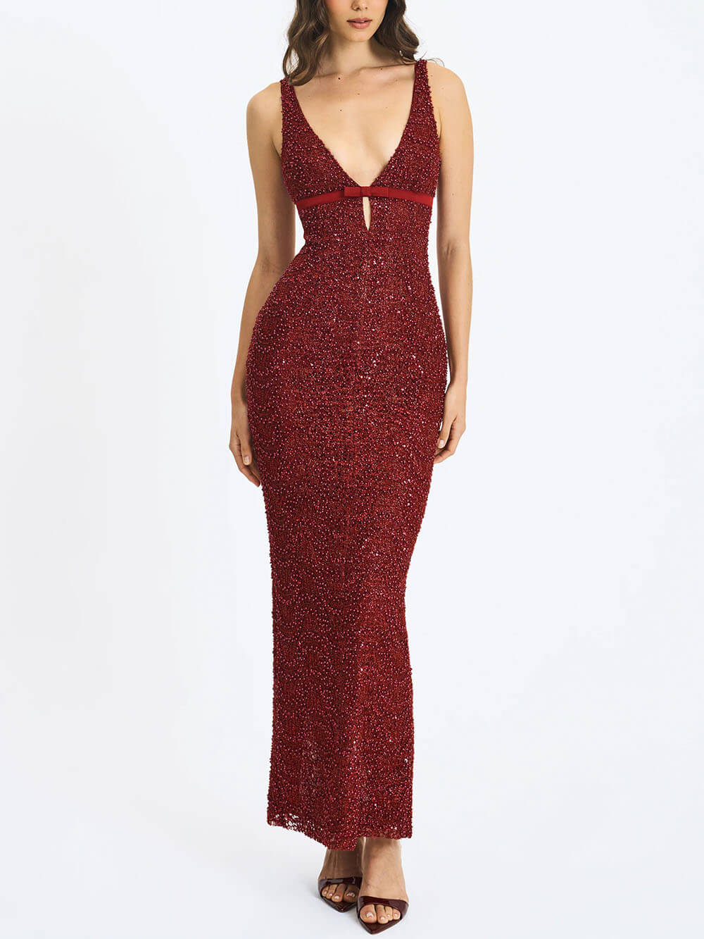 Festival Exquisite Sequin Beaded Mesh Bow-Detail Cut-Out Slit Maxi Dress
