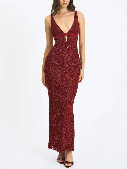 Festival Exquisite Sequin Beaded Mesh Bow-Detail Cut-Out Slit Maxi Dress