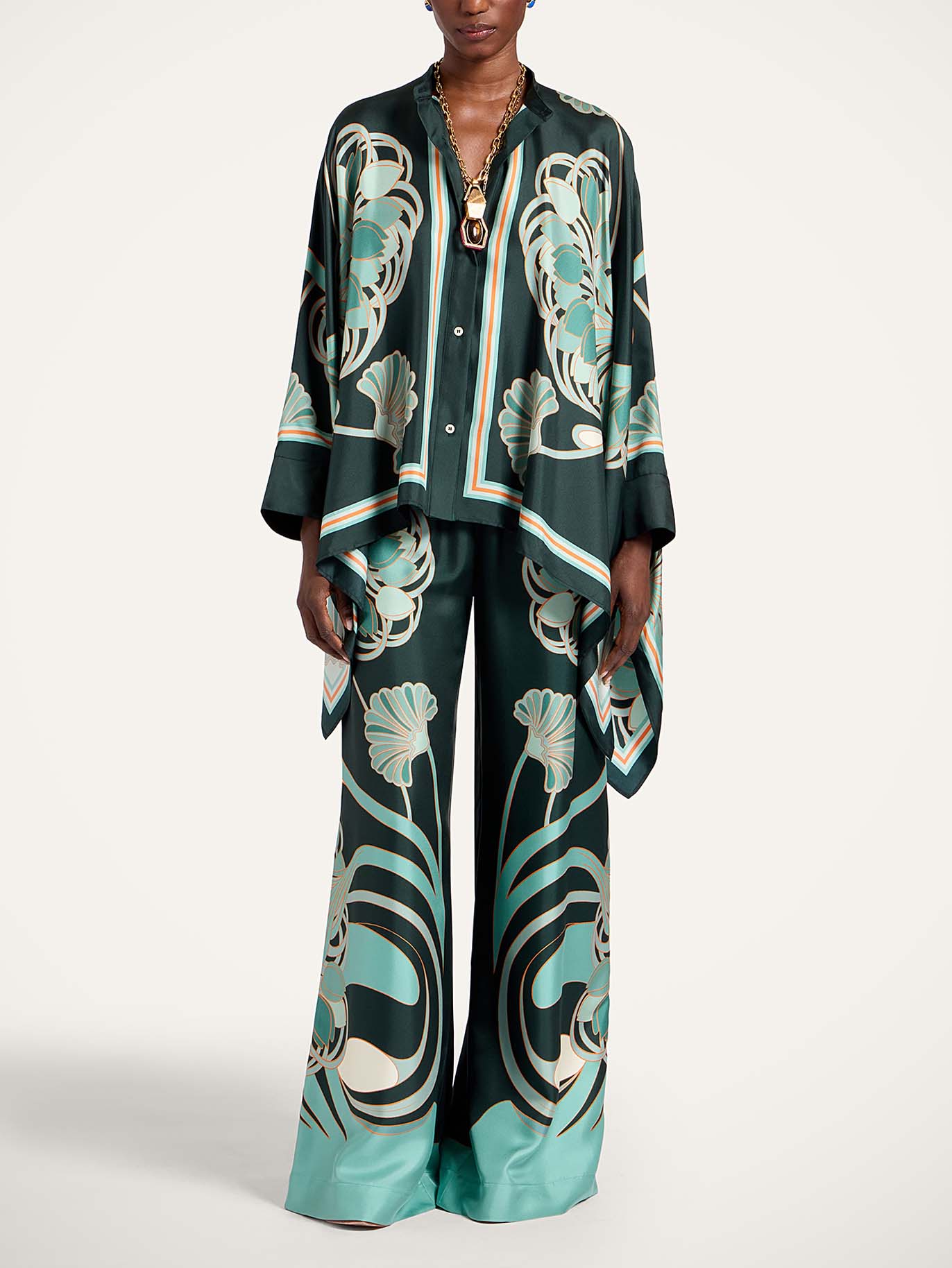 Elegant Abstract Print Satin Shirt & Wide Leg Pants Set