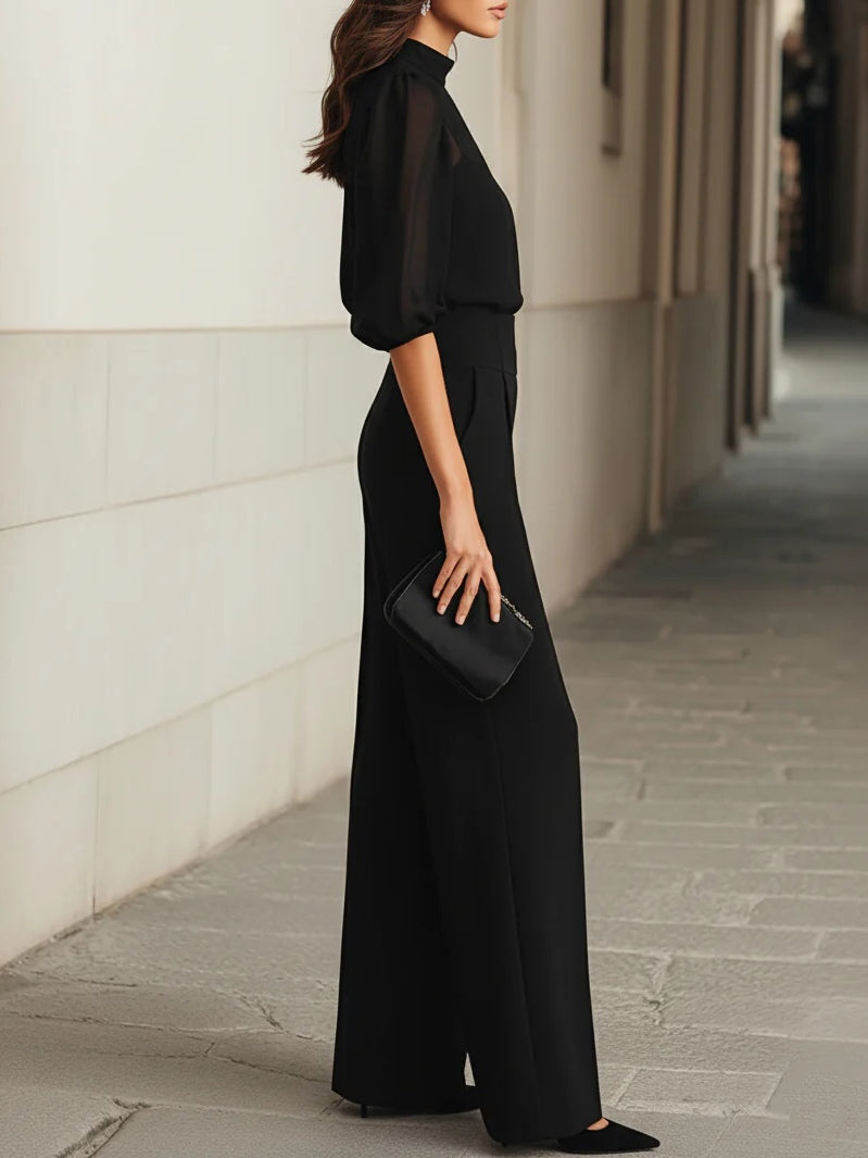 Elegant Puff Sleeve Chiffon Blouse & Pants Two-Piece Set