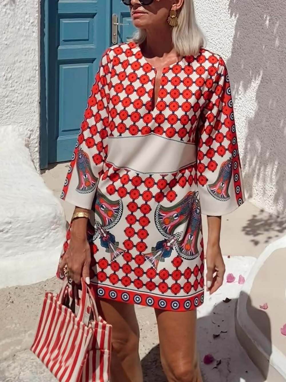 Vintage Print Flared Cuffs Mini Dress