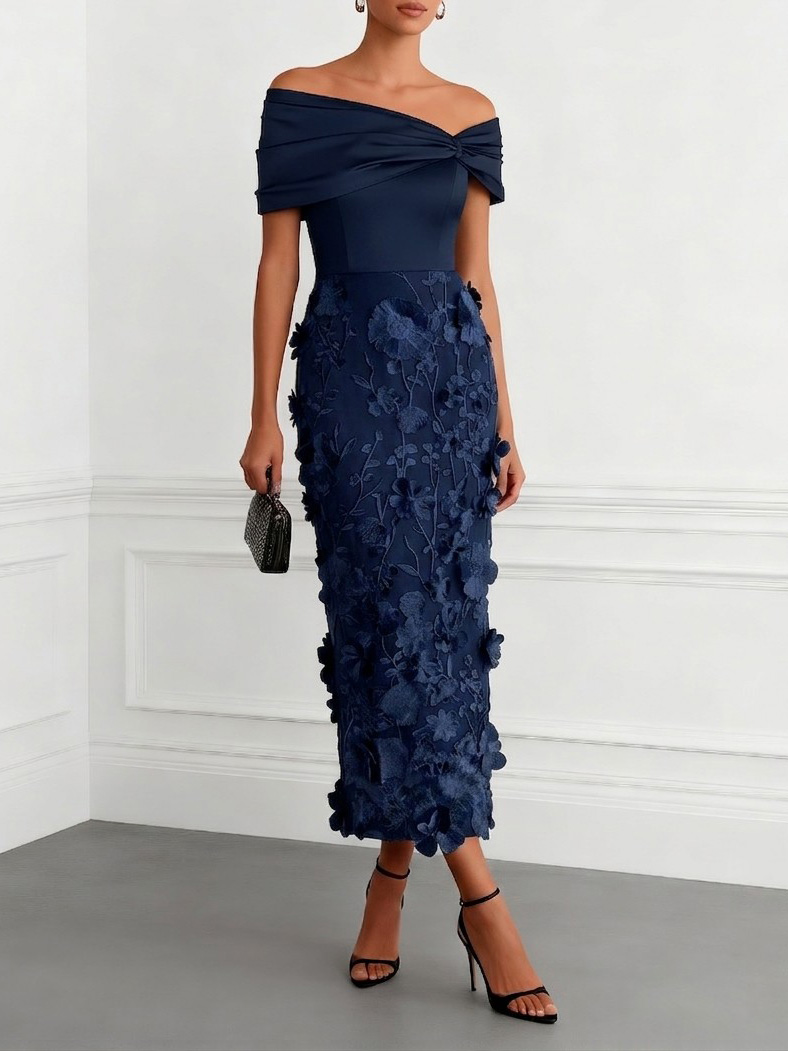 Vestido Maxi Off-Shoulder Bordado Floral Elegante