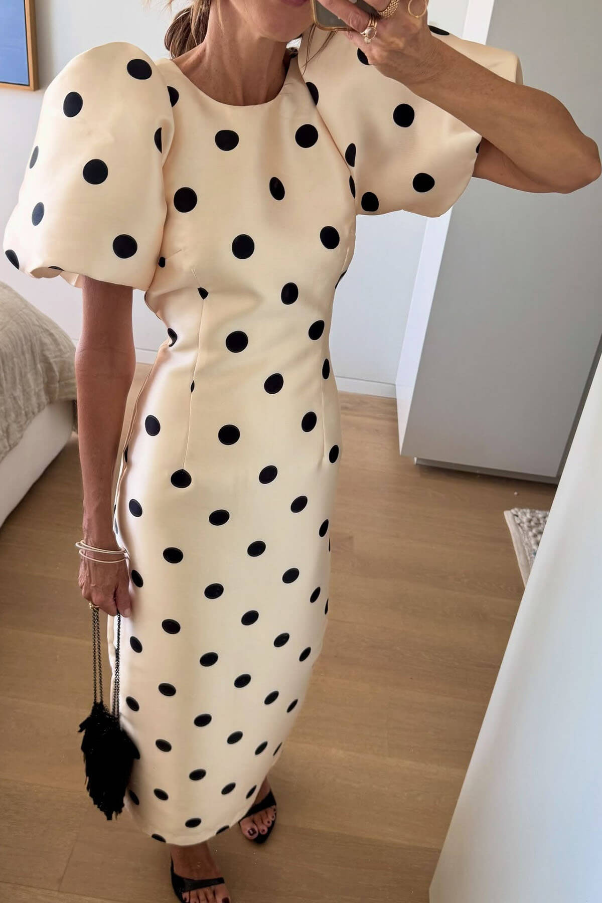 Delicate Polka Dot Print Puff Sleeve Waist-Defined Maxi Dress