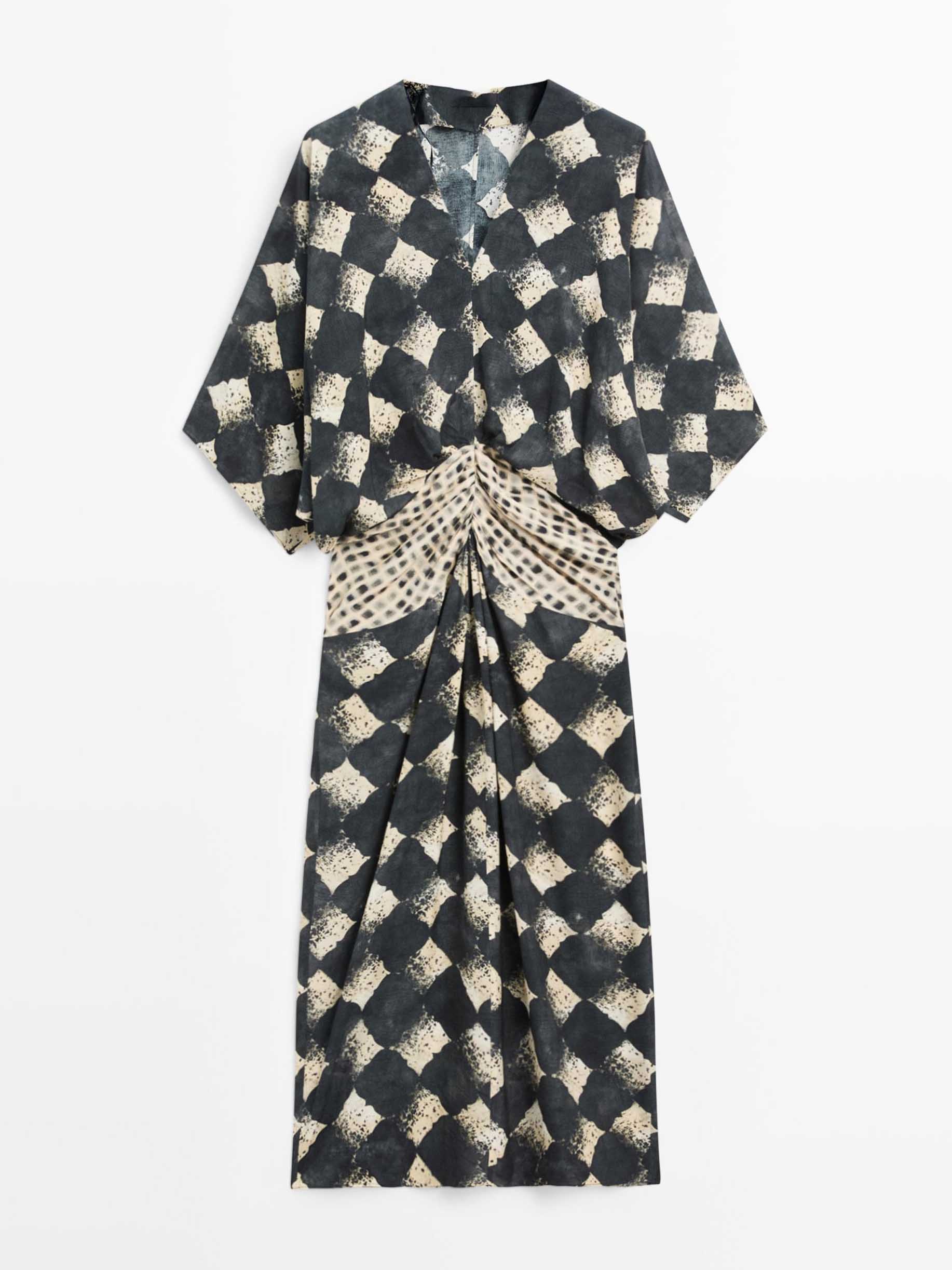 Casual Abstract Plaid Print Kimono Sleeve Maxi Dress