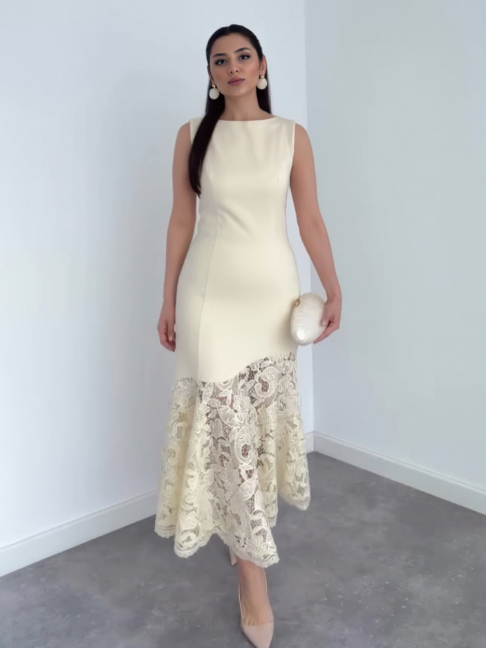 Elegant Sleeveless Lace Hem Mermaid Maxi Dress