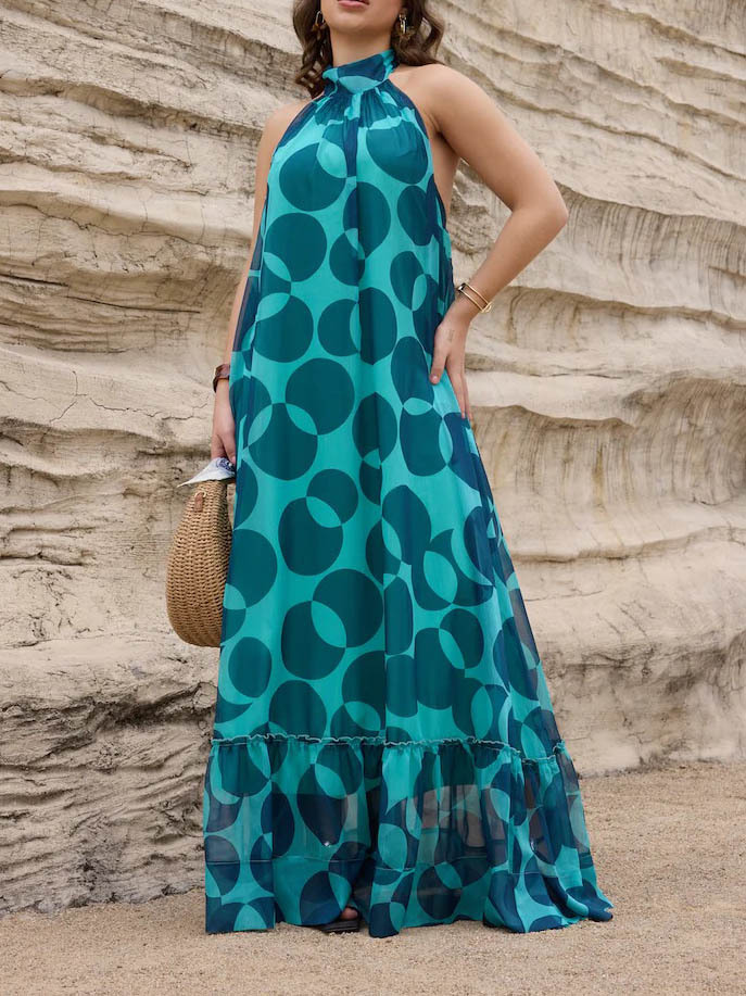 Elegant Halterneck Abstract Print Chiffon Flowy Maxi Dress