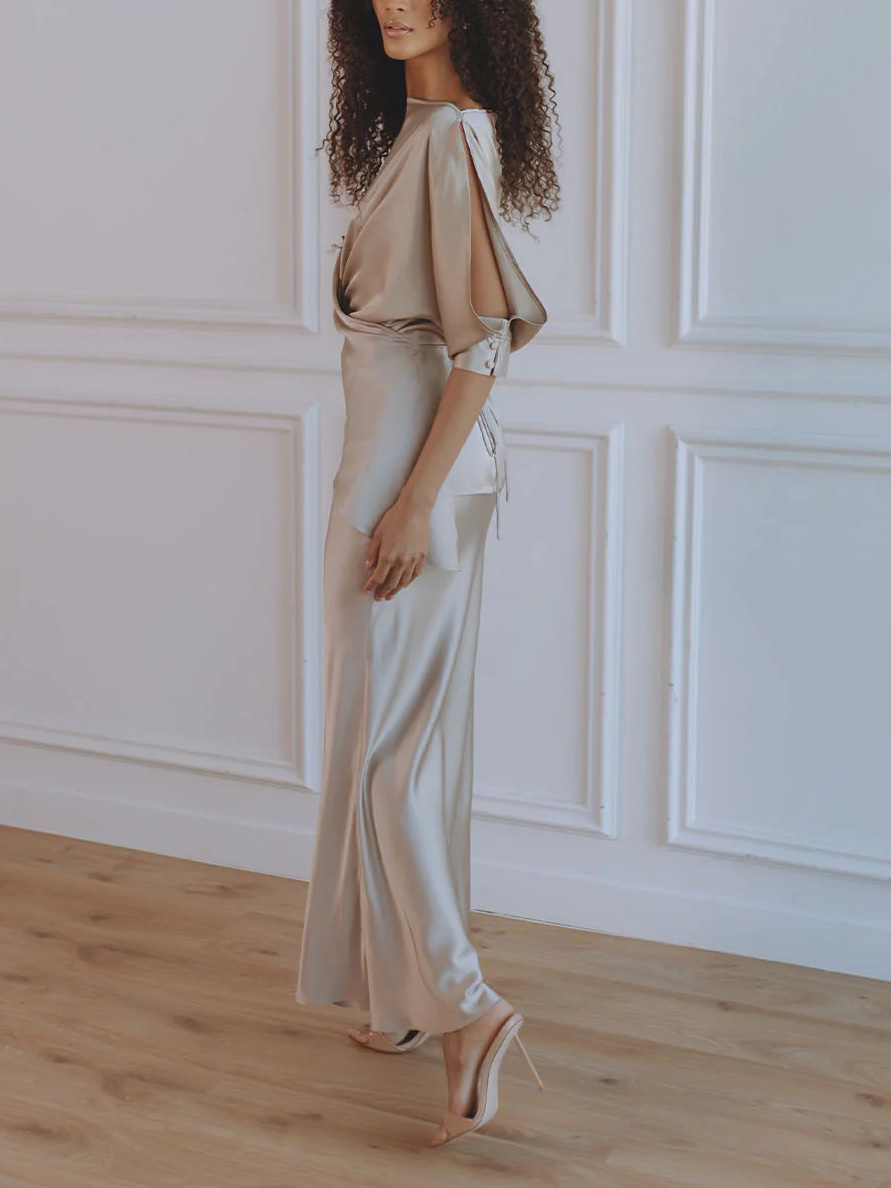 Elegant Satin Drawstring Belt Shirt Two-piece Set