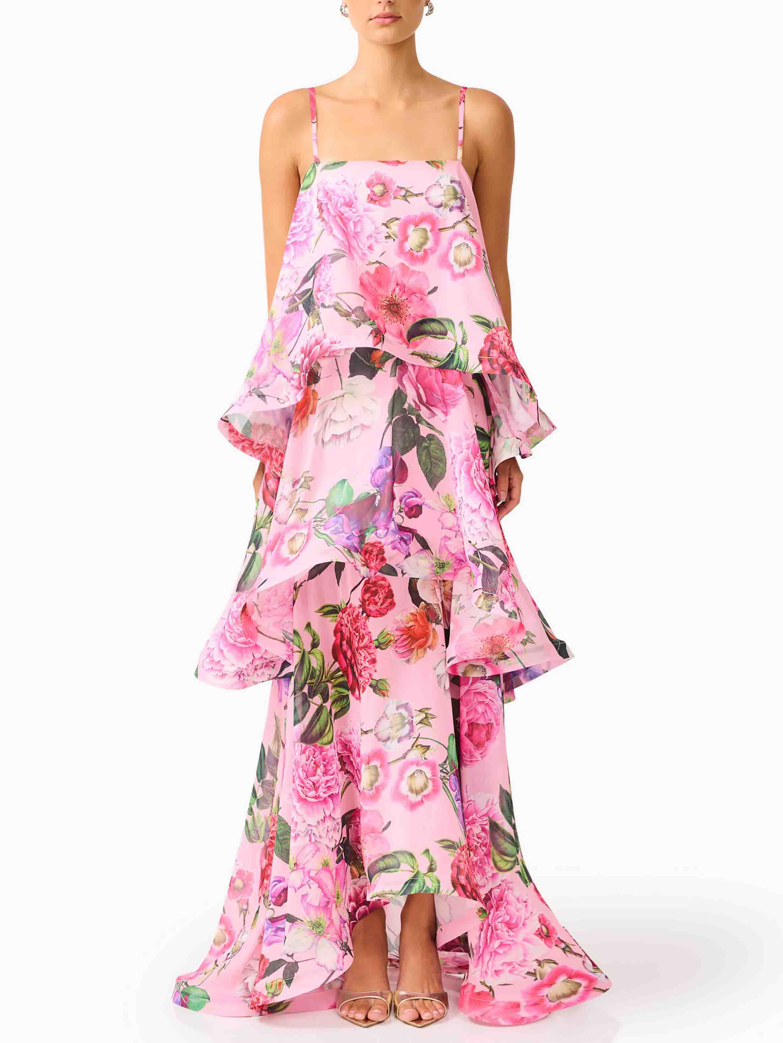 Elegant Pink Floral Spaghetti Strap Tiered Ruffle Flowy Maxi Dress