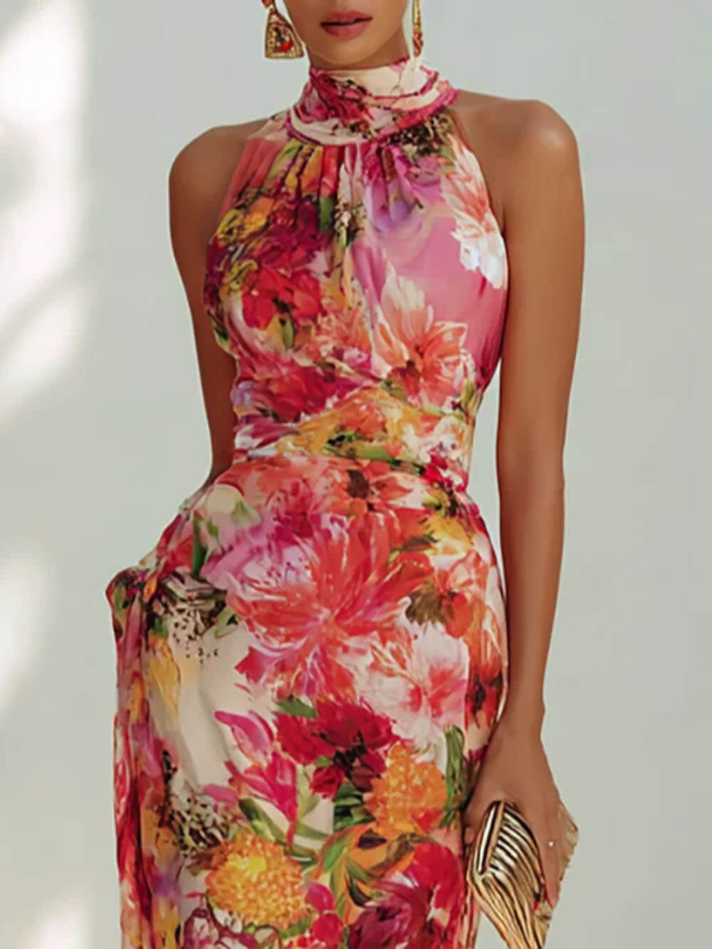 Fashion Floral Chiffon Halter Sleeveless A-Line Maxi Dress