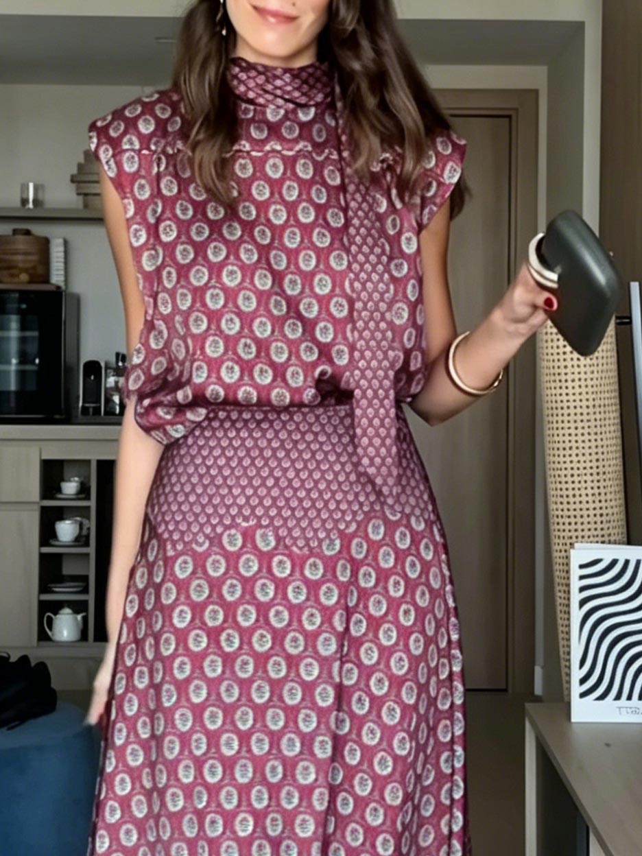 Retro Print Scarf Neck Top & Flowing Maxi Skirt Two-Piece Set