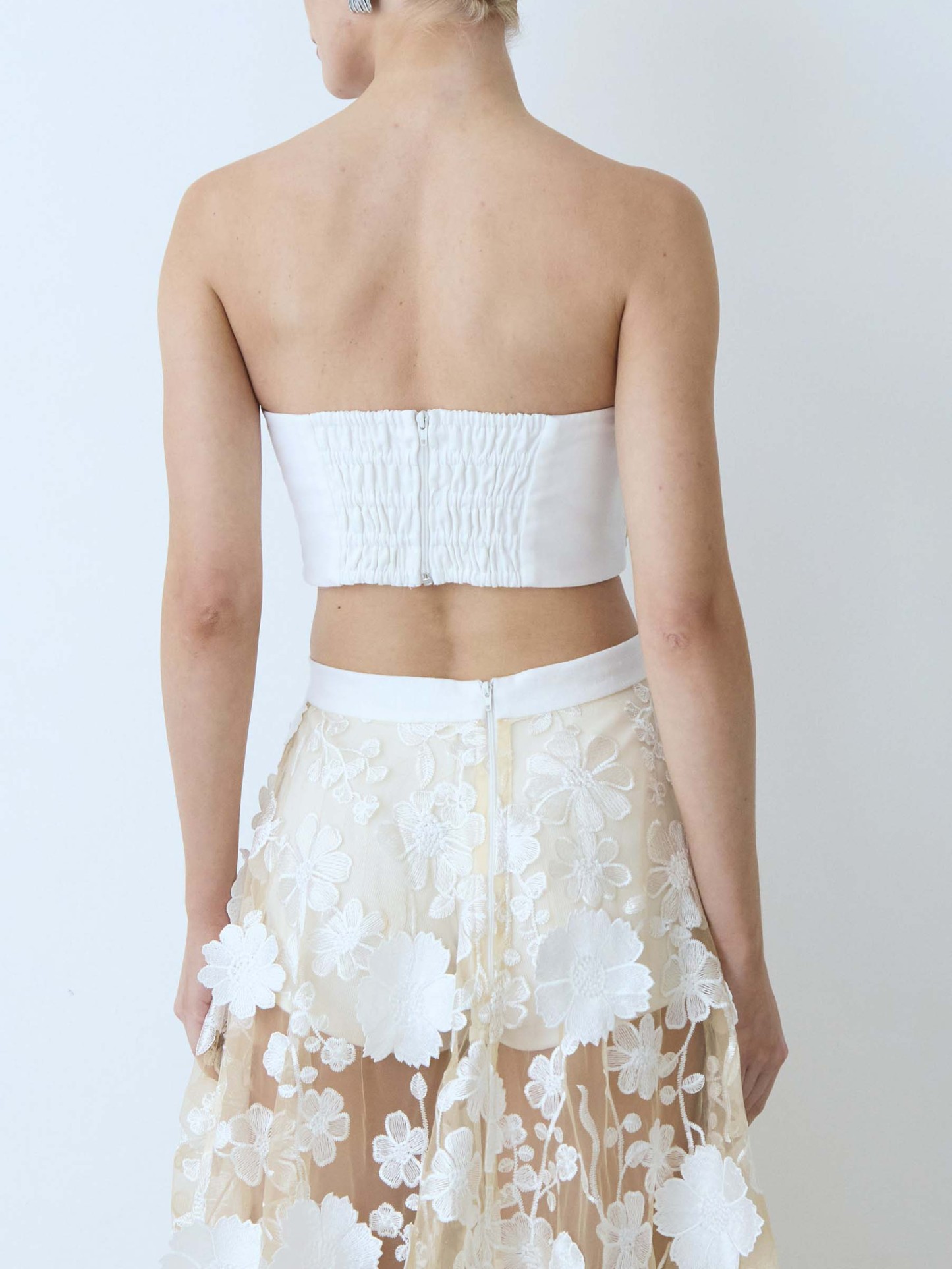 Elegant Strapless Floral Lace Crop Top & Maxi Skirt Two-Piece Set