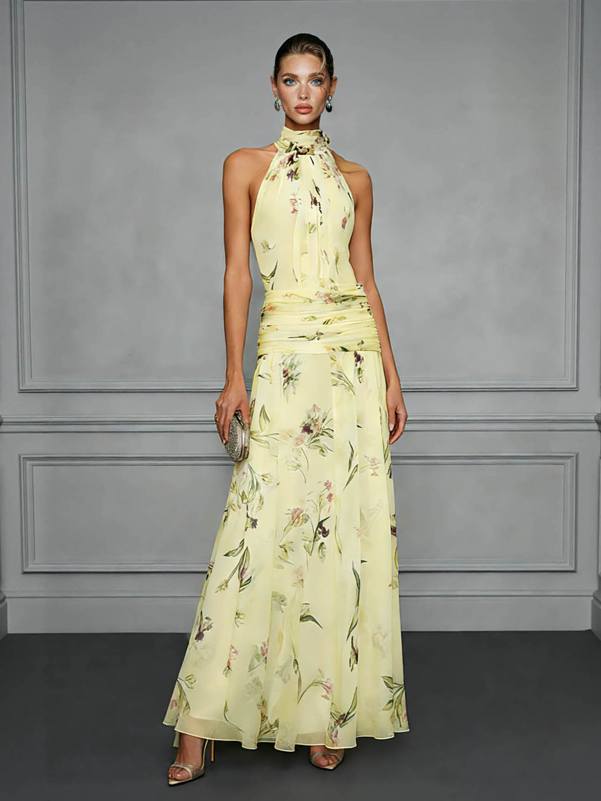 Elegant Ruffled Floral Chiffon Backless Maxi Dress