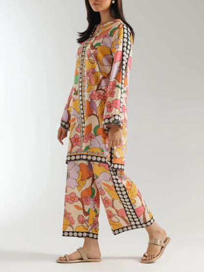 Bohemian Ethnic Print Colorblock Wide-Leg Pants