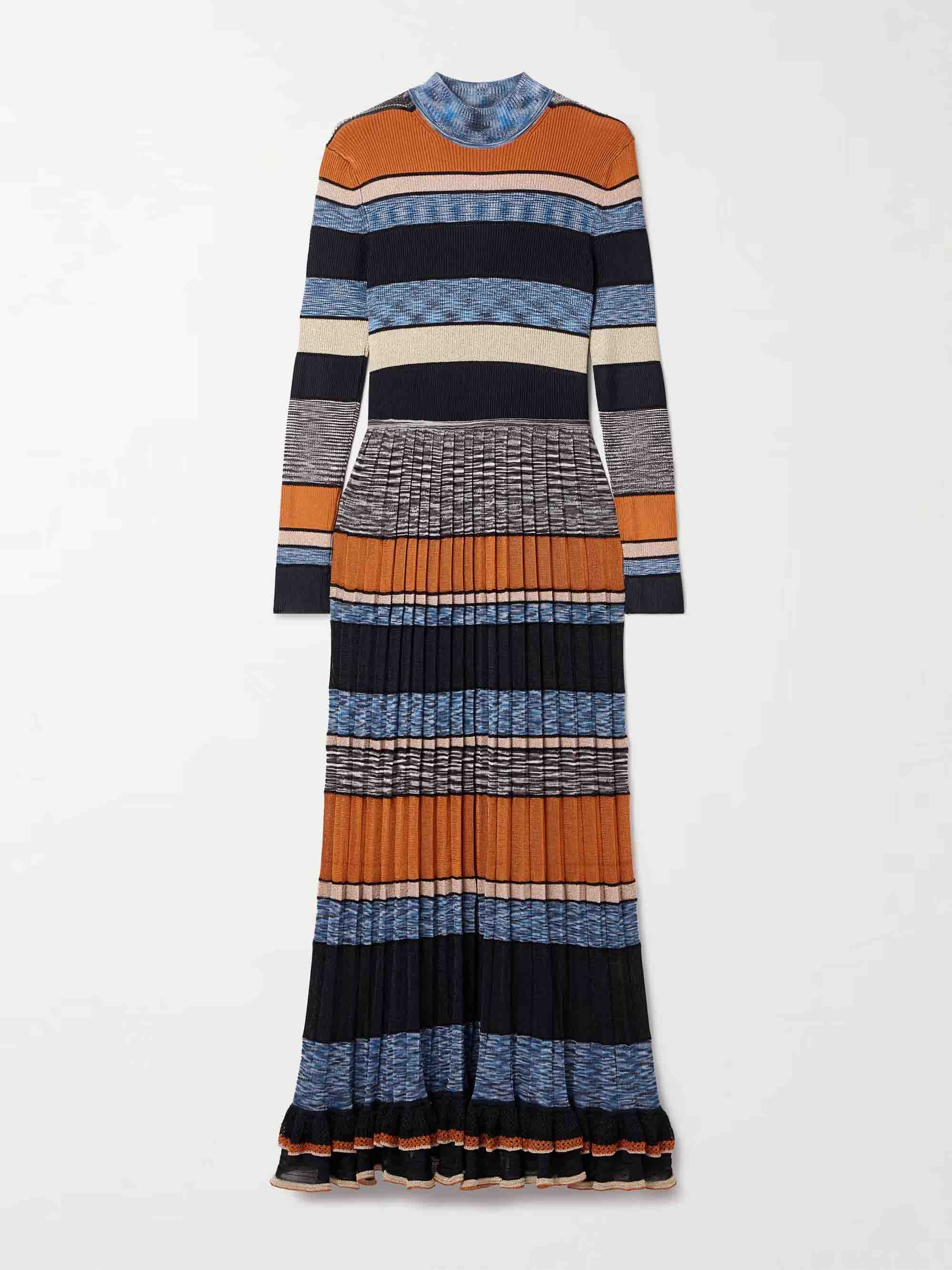 Exquisite Colorful Striped Ruffled Knit High-Neck Maxi Dress