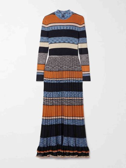 Exquisite Colorful Striped Ruffled Knit High-Neck Maxi Dress