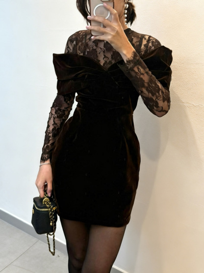 Elegant Lace-Panel Velvet Long-Sleeve Mini Dress