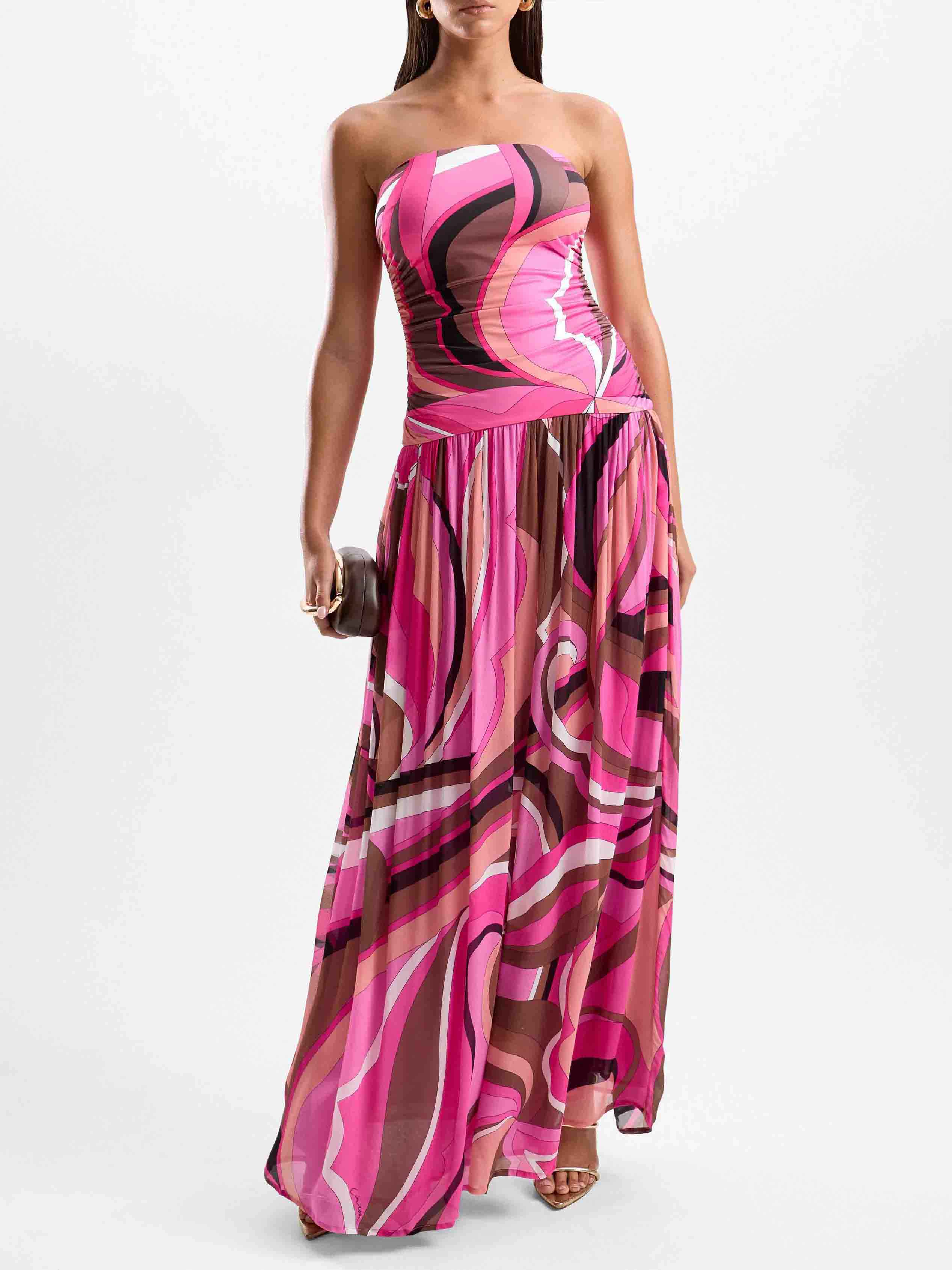 Exquisite Abstract Print Strapless Pleated Maxi Dress