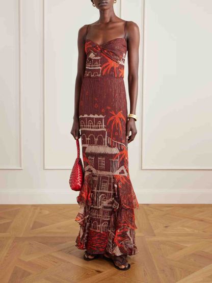 Retro Palm Tree Print Chiffon Maxi Dress