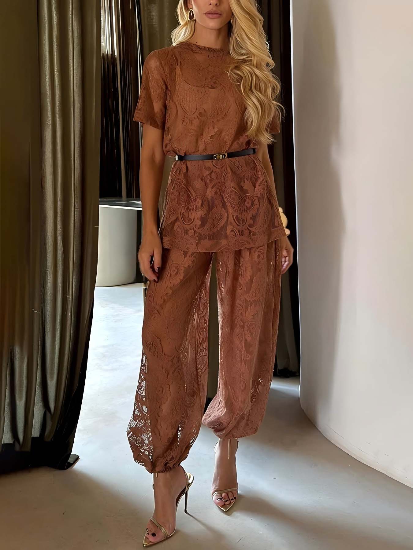 Elegant Sheer Lace Short Sleeve Top And Wide-Leg Pants Set