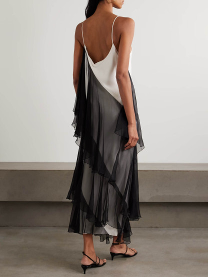 Asymmetrical Ruffled Two-tone Maxi Dress