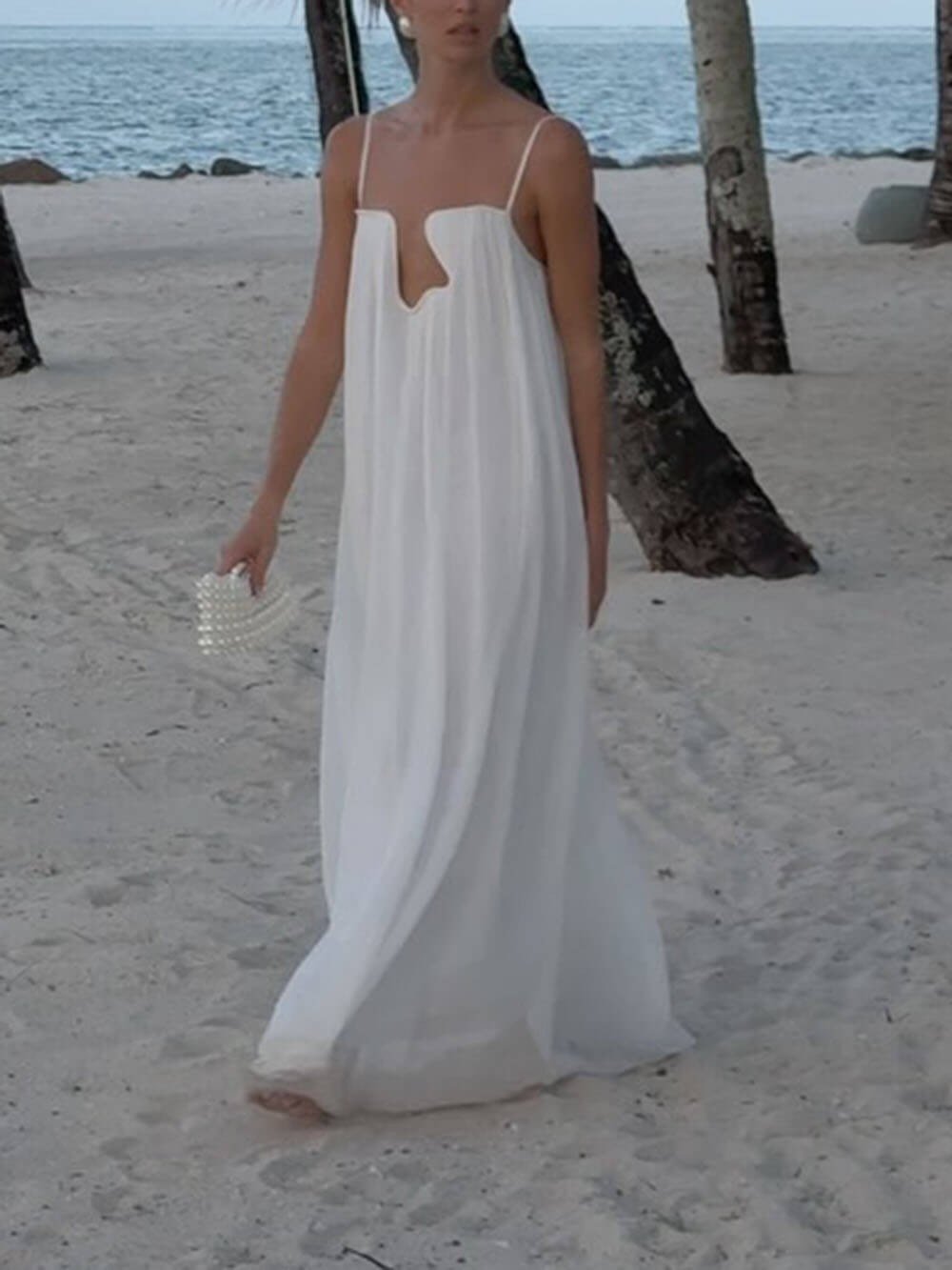 Fashion Flowy Chiffon Plunging Chest Cutout Slip Loose Maxi Dress