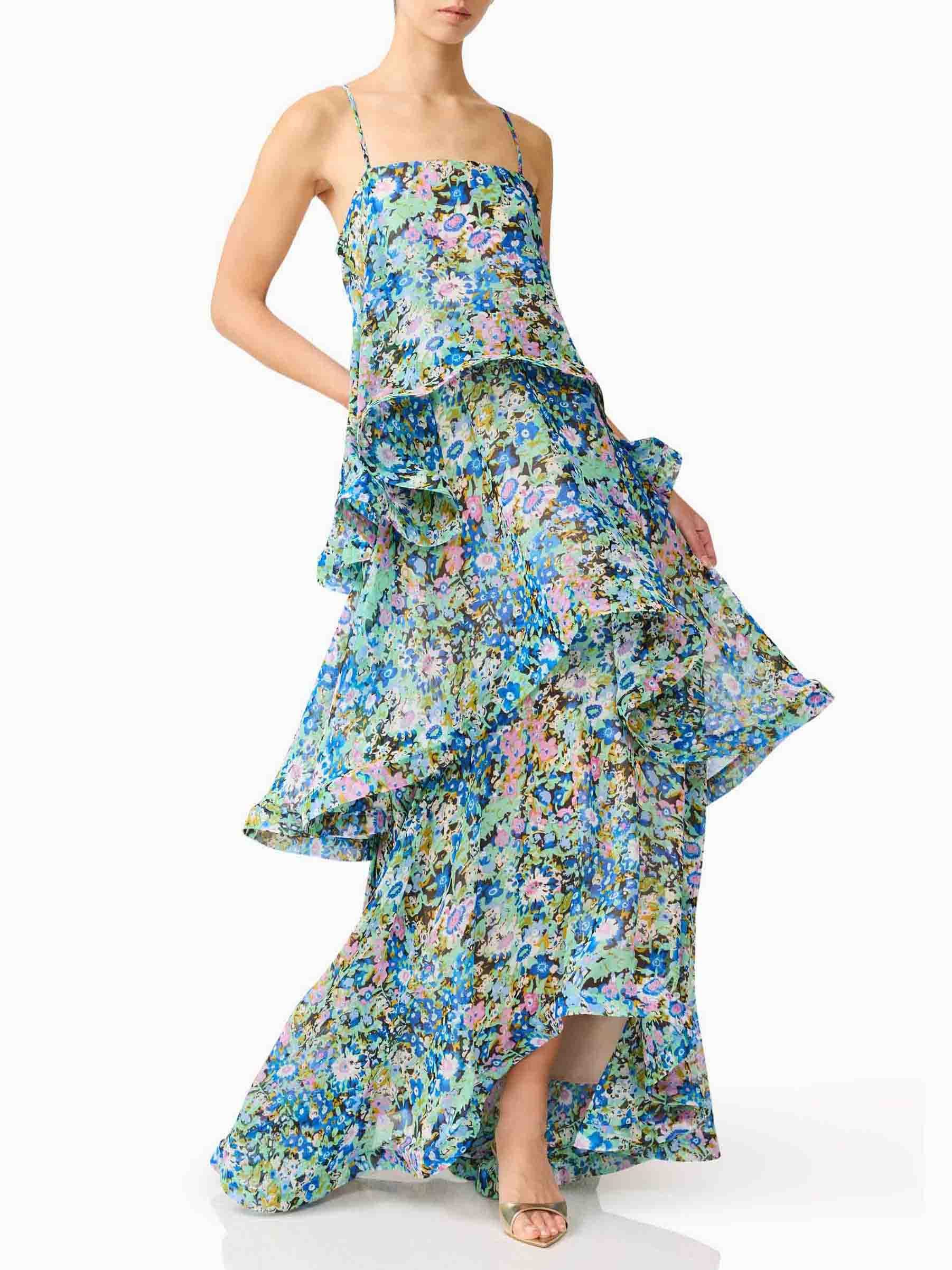 Elegant Vibrant Floral Print Tiered Ruffle Maxi Dress
