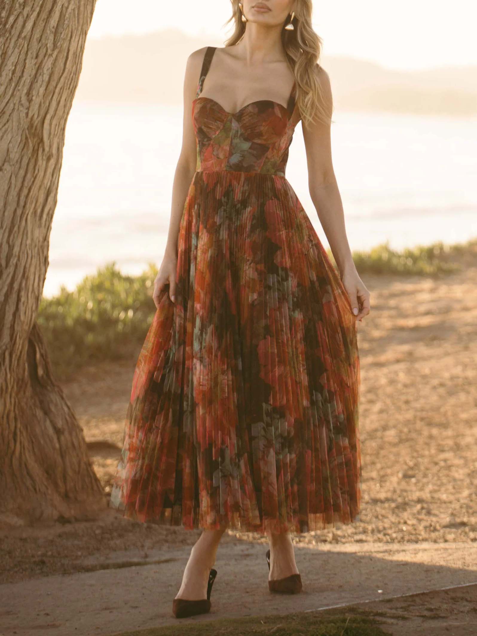 Elegant Floral-print Pleated Midi Dress