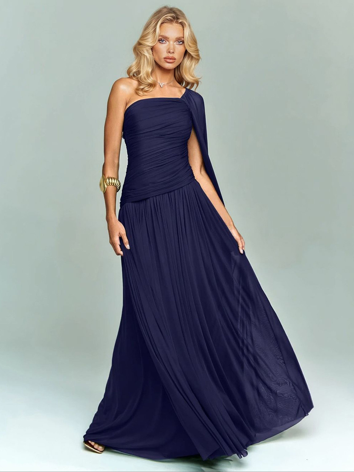 Elegant One-Shoulder Ruched Chiffon Maxi Dress